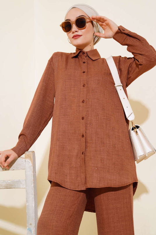 Front Stone Detailed Tunic Two-Piece Set Brown