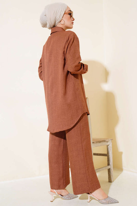 Front Stone Detailed Tunic Two-Piece Set Brown