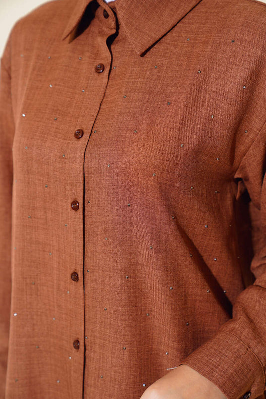 Front Stone Detailed Tunic Two-Piece Set Brown