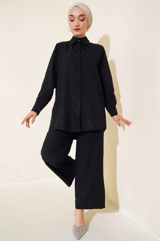 Stone Detail Tunic Two-Piece Set Black