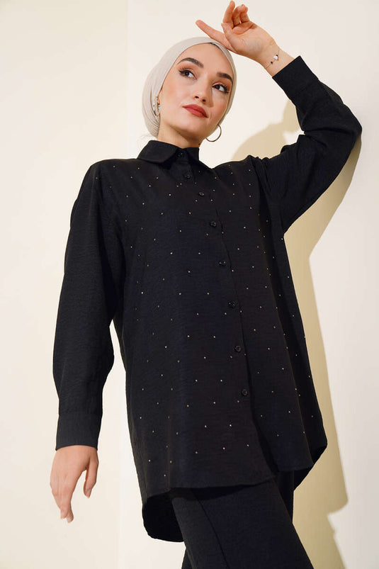 Stone Detail Tunic Two-Piece Set Black