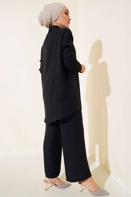 Stone Detail Tunic Two-Piece Set Black