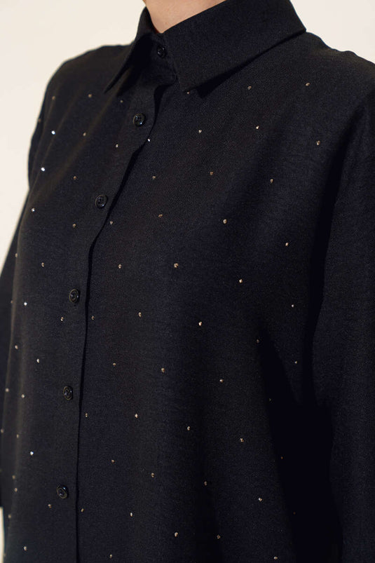 Stone Detail Tunic Two-Piece Set Black