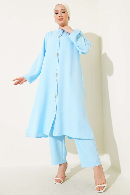 Önü Taş Detaylı Uzun Tunik İkili Takım Bebe Mavi