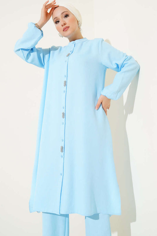 Önü Taş Detaylı Uzun Tunik İkili Takım Bebe Mavi