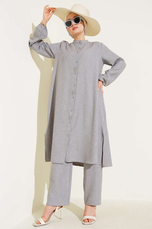 Long Tunic Two-Piece Set Gray with Stone Detail on the Front