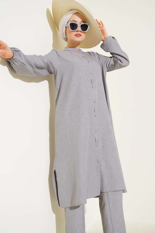 Long Tunic Two-Piece Set Gray with Stone Detail on the Front