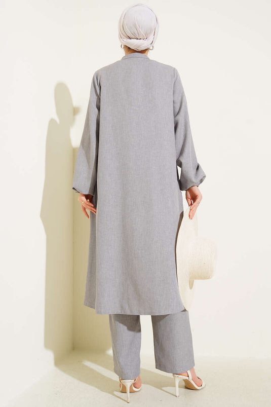 Long Tunic Two-Piece Set Gray with Stone Detail on the Front
