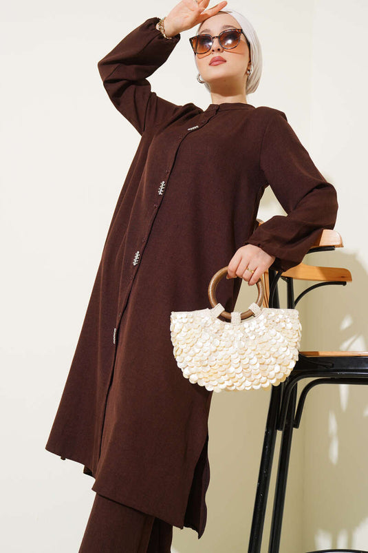Önü Taş Detaylı Uzun Tunik İkili Takım Kahve