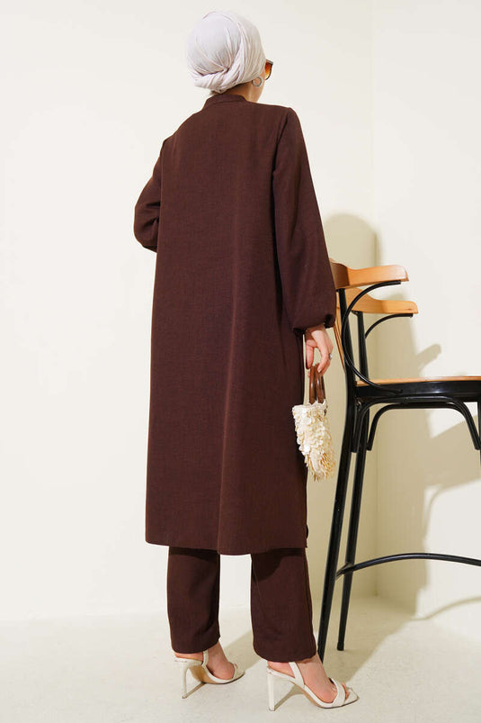 Önü Taş Detaylı Uzun Tunik İkili Takım Kahve
