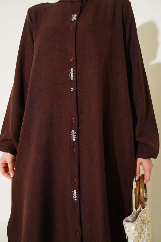 Önü Taş Detaylı Uzun Tunik İkili Takım Kahve