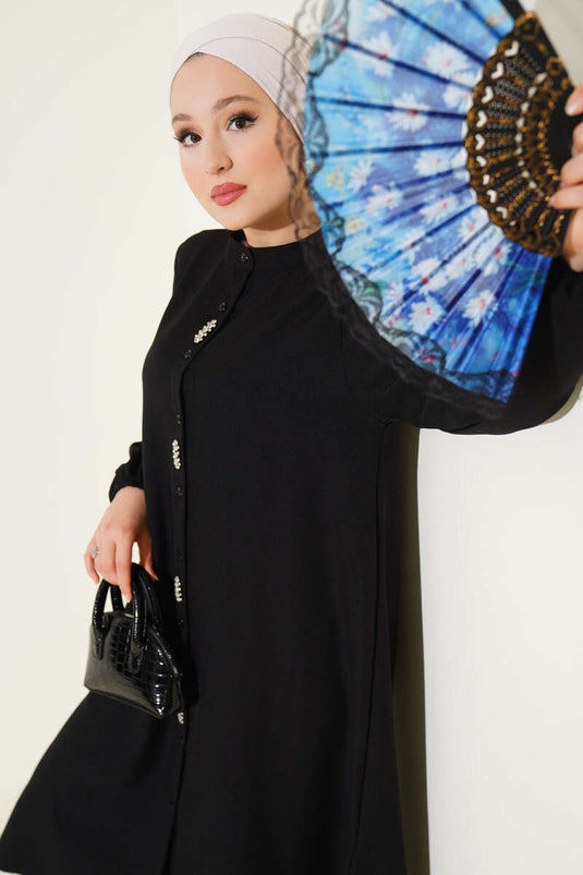 Ensemble deux pièces tunique longue noire avec détails en pierre sur le devant