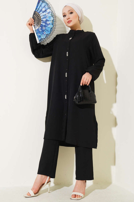 Ensemble deux pièces tunique longue noire avec détails en pierre sur le devant