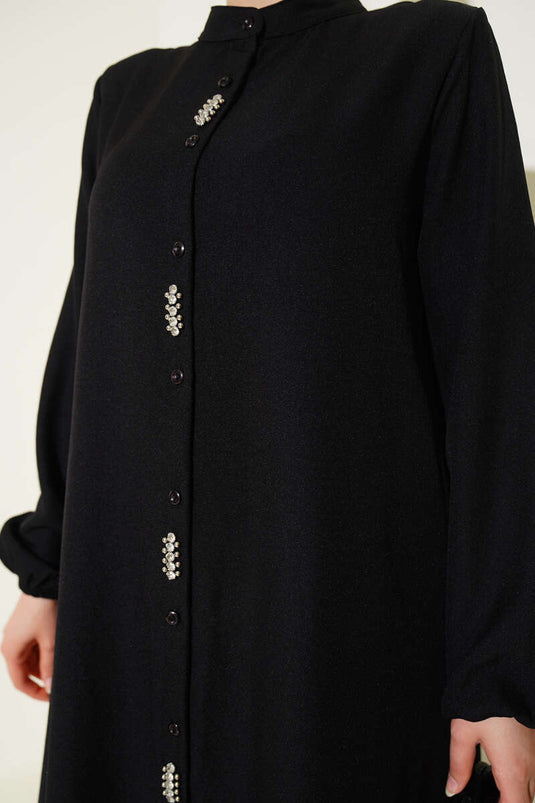Ensemble deux pièces tunique longue noire avec détails en pierre sur le devant