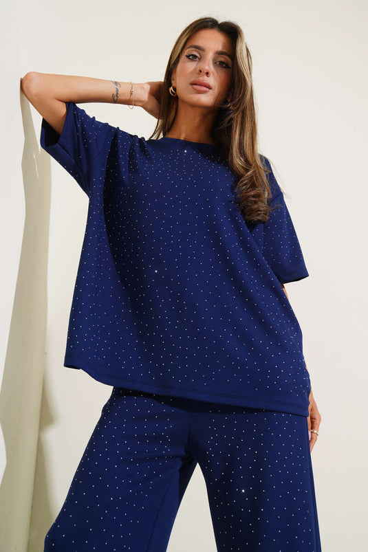 Navy Blue Two-Piece Set with Stone Embellishments on the Front