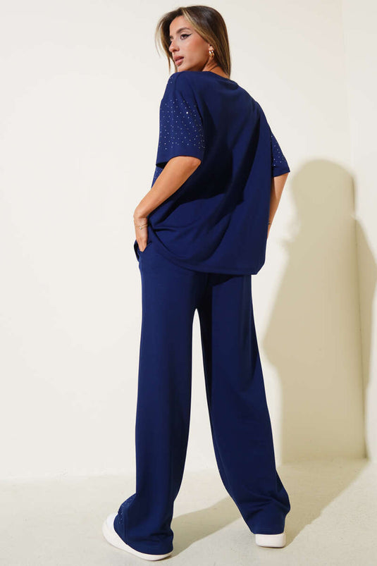 Navy Blue Two-Piece Set with Stone Embellishments on the Front