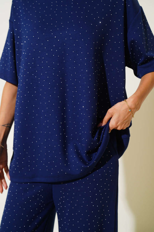 Navy Blue Two-Piece Set with Stone Embellishments on the Front