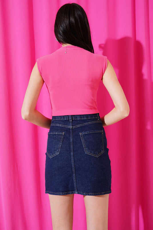 Önü Taş Süslemeli Kolsuz Crop Fuşya