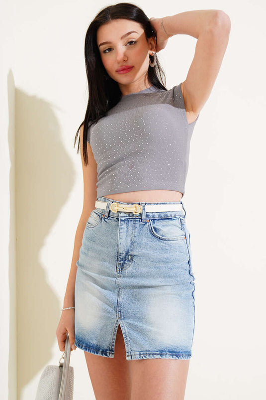 Sleeveless Crop Gray with Stone Embellished Front