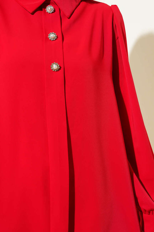 Önü Taş Süslemeli Şifon Tunik Kırmızı