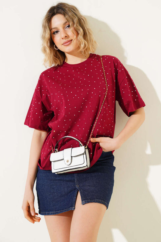 Önü Taş Süslemeli T-shirt Bordo