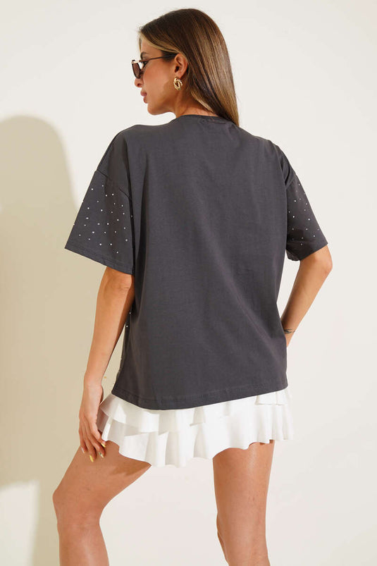 Front T-shirt with Stone Embellishments, Smoke Grey
