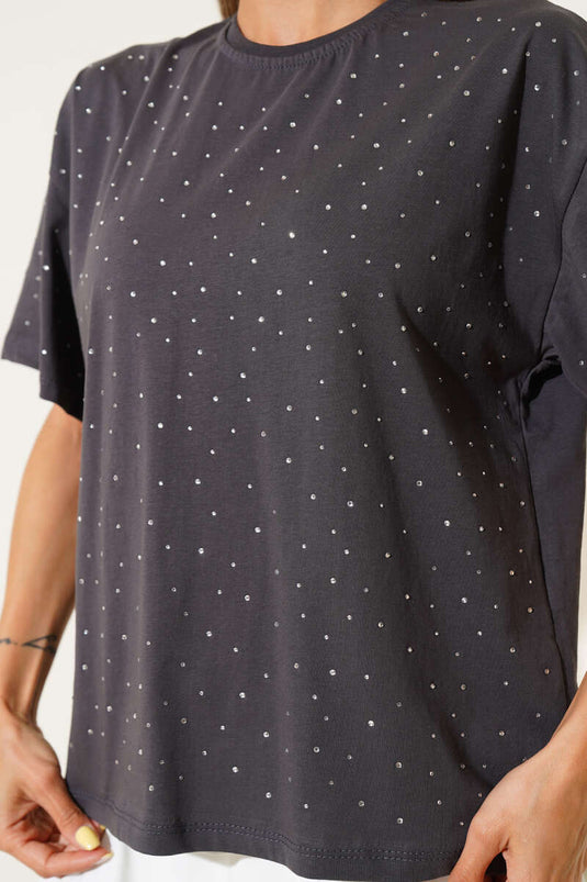 Front T-shirt with Stone Embellishments, Smoke Grey
