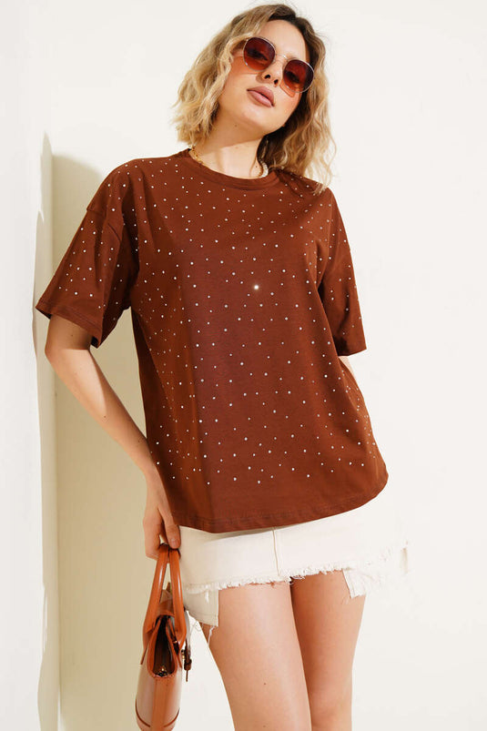 Stone Embellished T-shirt Brown
