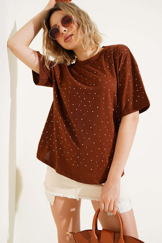 Stone Embellished T-shirt Brown