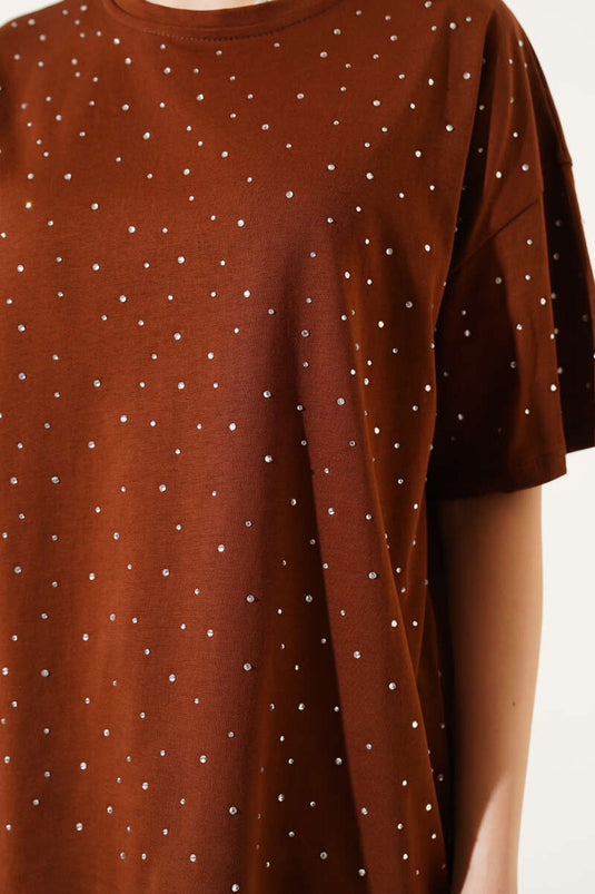 Stone Embellished T-shirt Brown