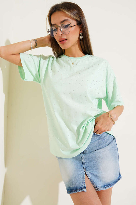 Önü Taş Süslemeli T-shirt Su Yeşili