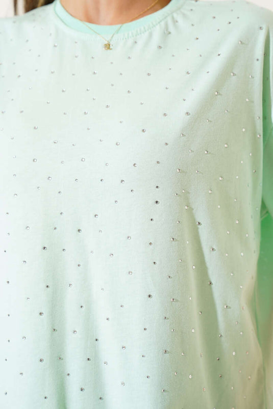 Önü Taş Süslemeli T-shirt Su Yeşili