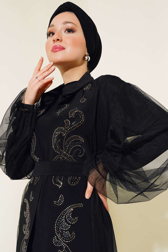 Önü Taş Ve Boncuklu Abaya Siyah