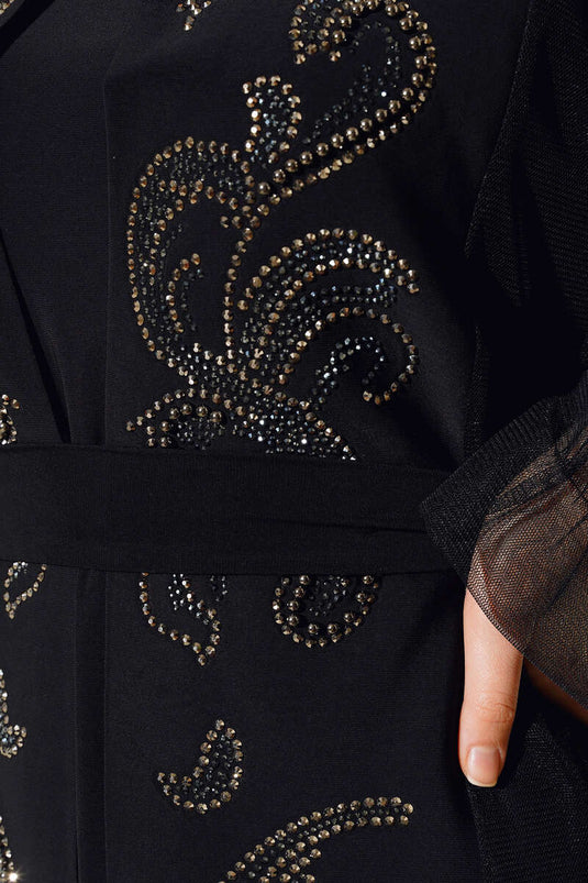 Abaya avec pierres et perles sur le devant, noir