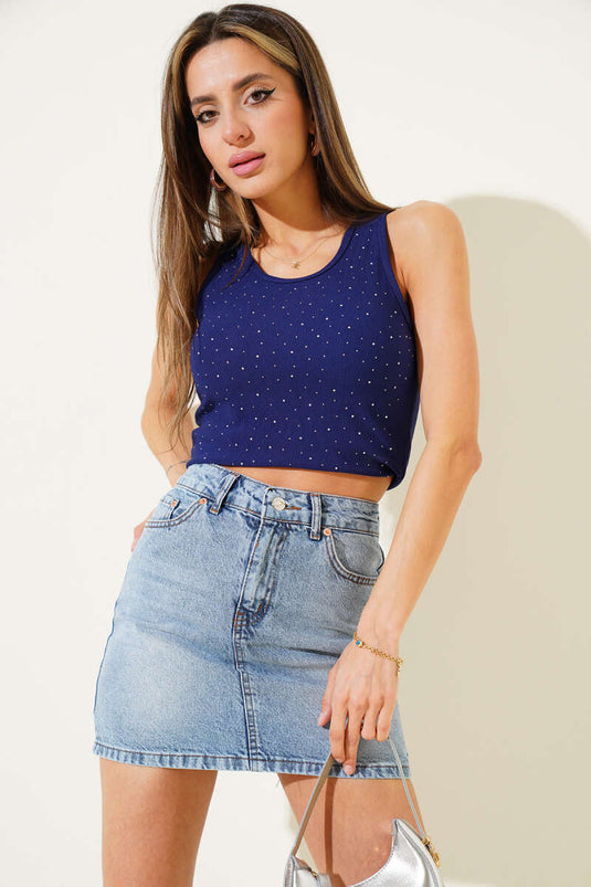 Crop top bleu marine avec bretelles avant ornées de pierres