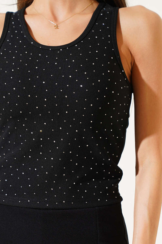 Crop top noir avec bretelles avant ornées de pierres