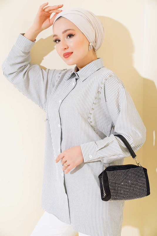 Stone-Embellished Striped Shirt Gray