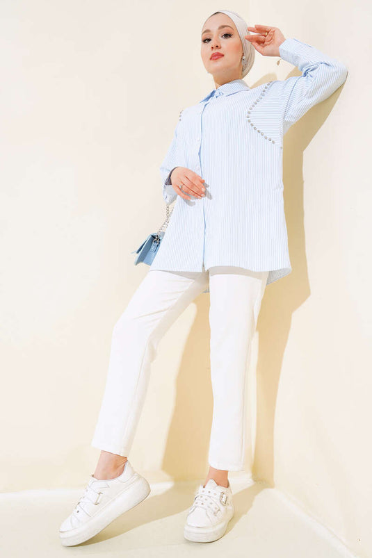 Stone-Embellished Striped Shirt Blue