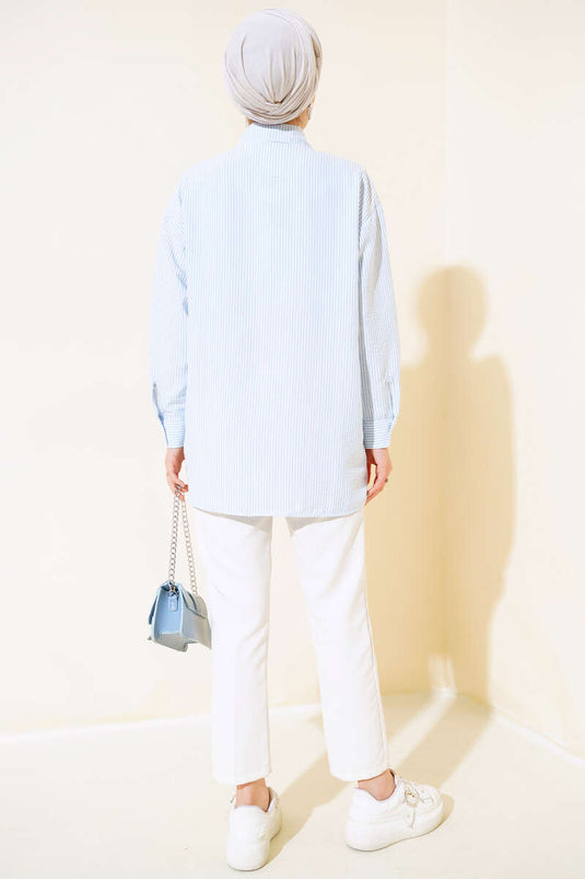قميص ستوني أمامي مخطط باللون الأزرق