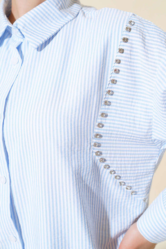 قميص ستوني أمامي مخطط باللون الأزرق