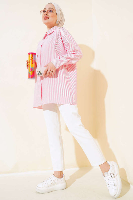 Stone-Embellished Striped Shirt Powder