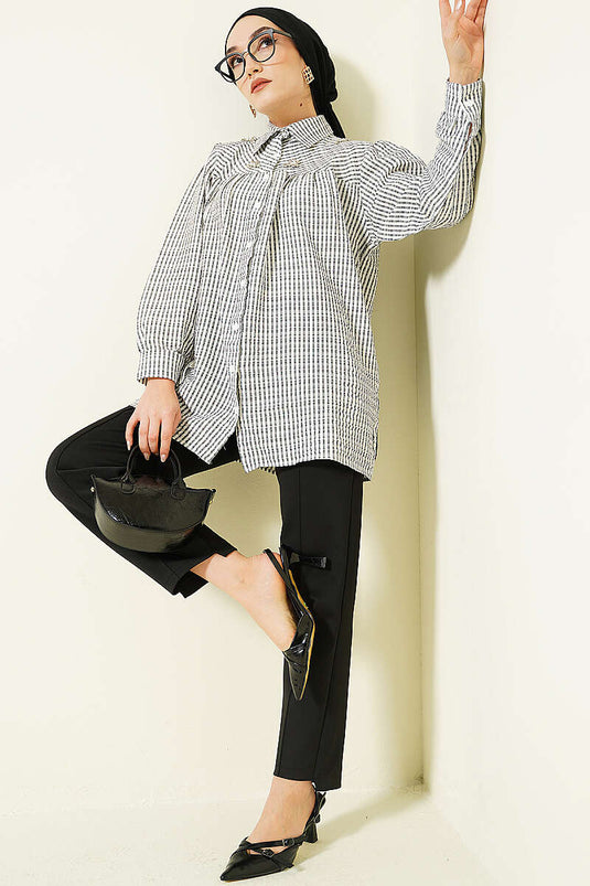 Black Loose Shirt with Stripes and Front Stone Detail
