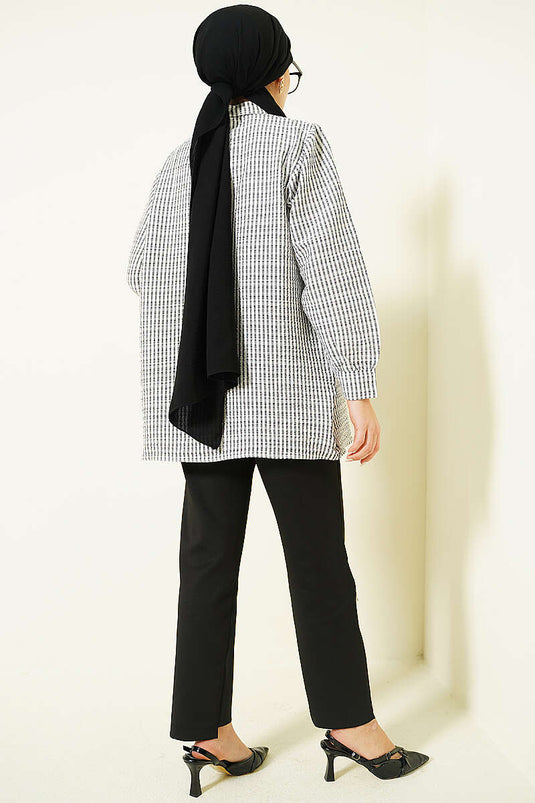 Black Loose Shirt with Stripes and Front Stone Detail