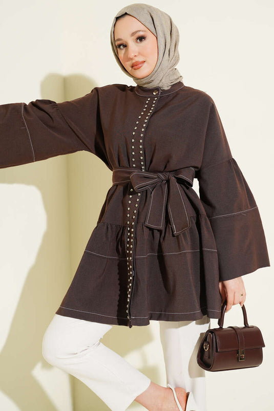 Front-Stone Hidden-Button Tunic Brown