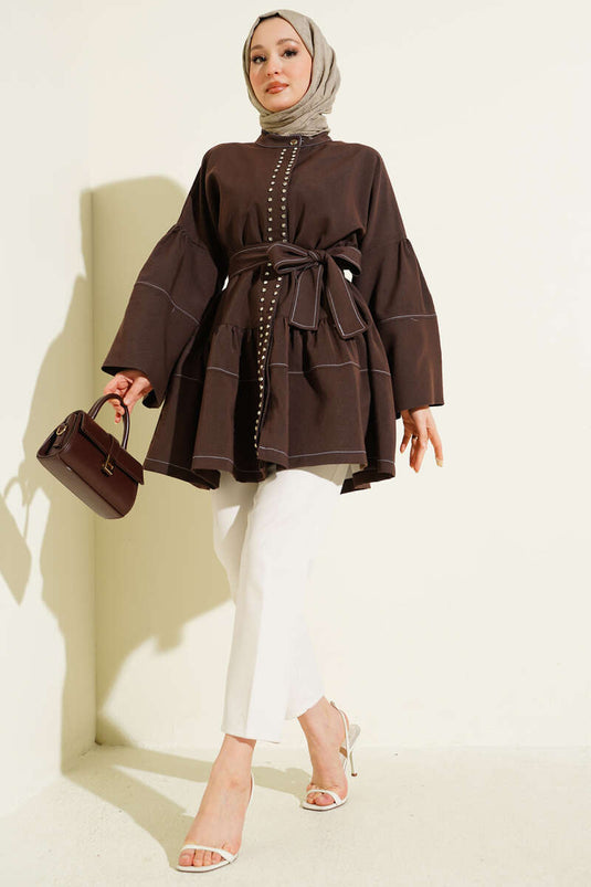 Front-Stone Hidden-Button Tunic Brown