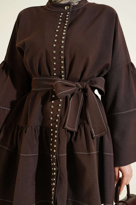 Front-Stone Hidden-Button Tunic Brown