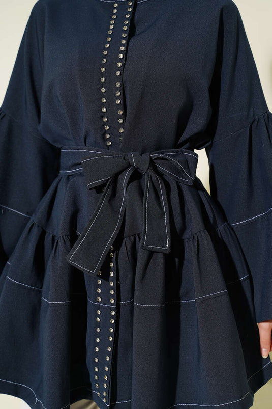 Front-Stone Hidden-Button Tunic Navy Blue