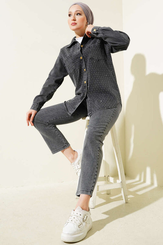 طقم جينز من قطعتين بأزرار ذهبية وواجهة حجرية - دخاني