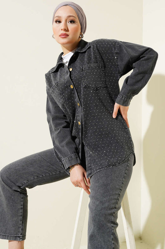 طقم جينز من قطعتين بأزرار ذهبية وواجهة حجرية - دخاني