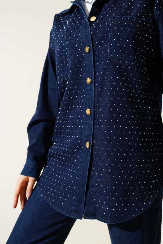 Front Stone Gold Buttoned Denim Two Piece Set Navy Blue